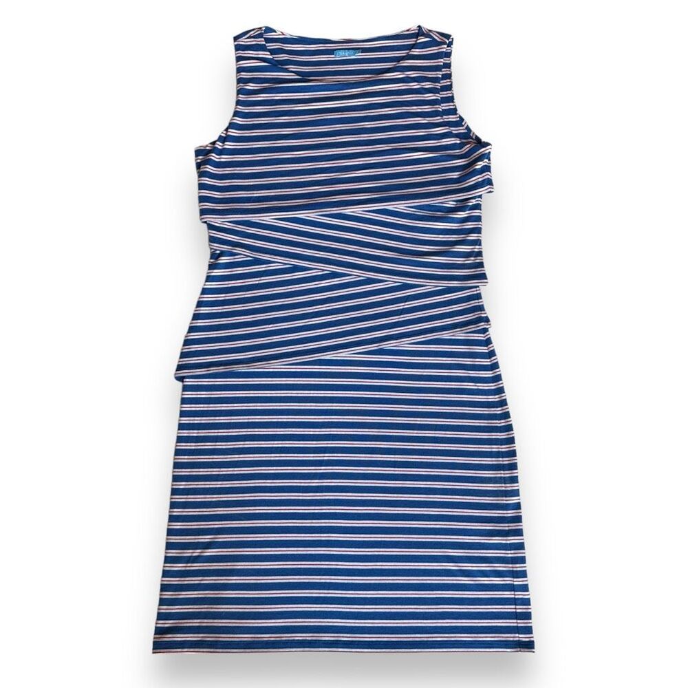 J. McLaughlin Nicola Striped Tiered Dress Size Medium Summer Blue‎ Nautical
